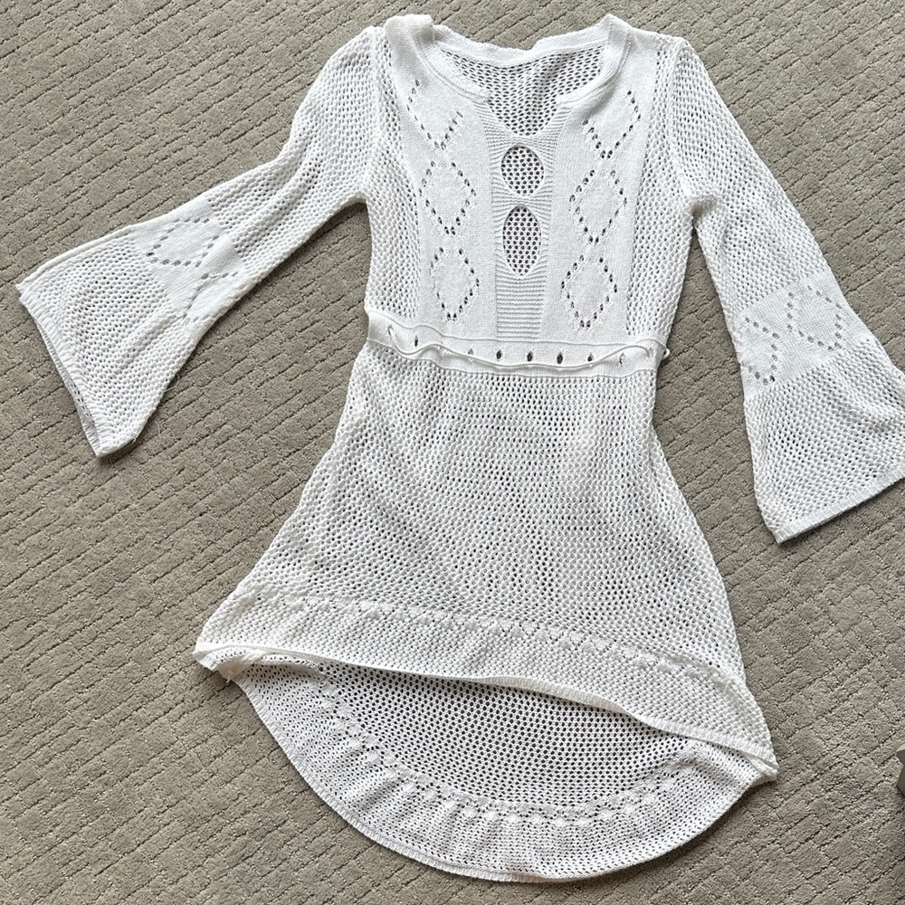 SHEIN White Long Sleeve Knit Swimsuit Coverup Dress